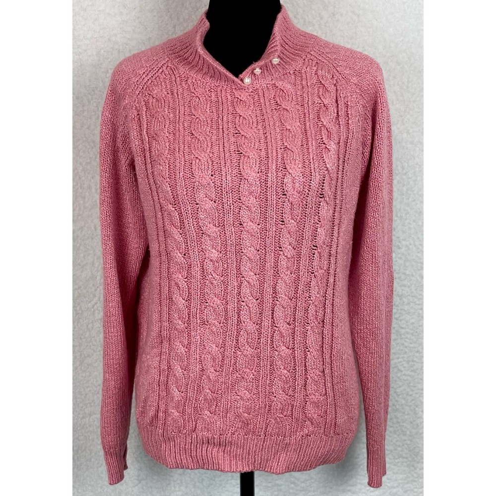 KAREN SCOTT • Dusty Pink Cable Knit Faux Pearl Button Mock-neck Sweater, S - Picture 12 of 16
